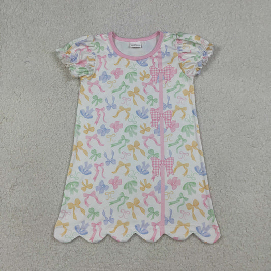 RTS Baby Girls Kids Short Sleeves Colorful Bows Knee Length Dress