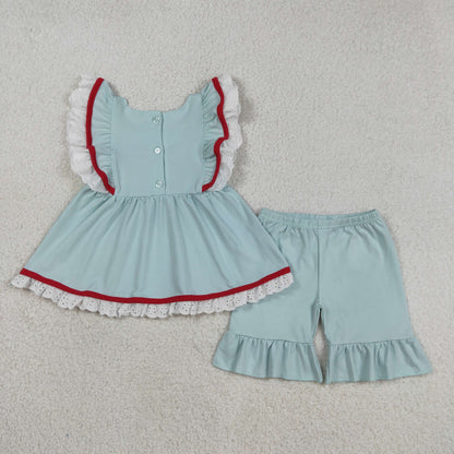 Baby Girls Short Sleeves Embroidery Flag Ruffle Tops Blue Shorts 4th of July Clothes Set RTS