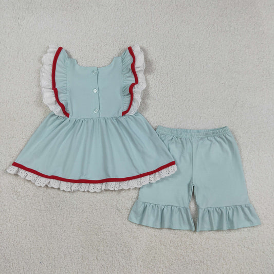 Baby Girls Short Sleeves Embroidery Flag Ruffle Tops Blue Shorts 4th of July Clothes Set RTS