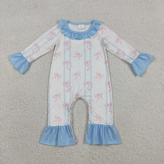 Baby Girls Infant Long Sleeves Bows Stripes Blue Ruffle Romper