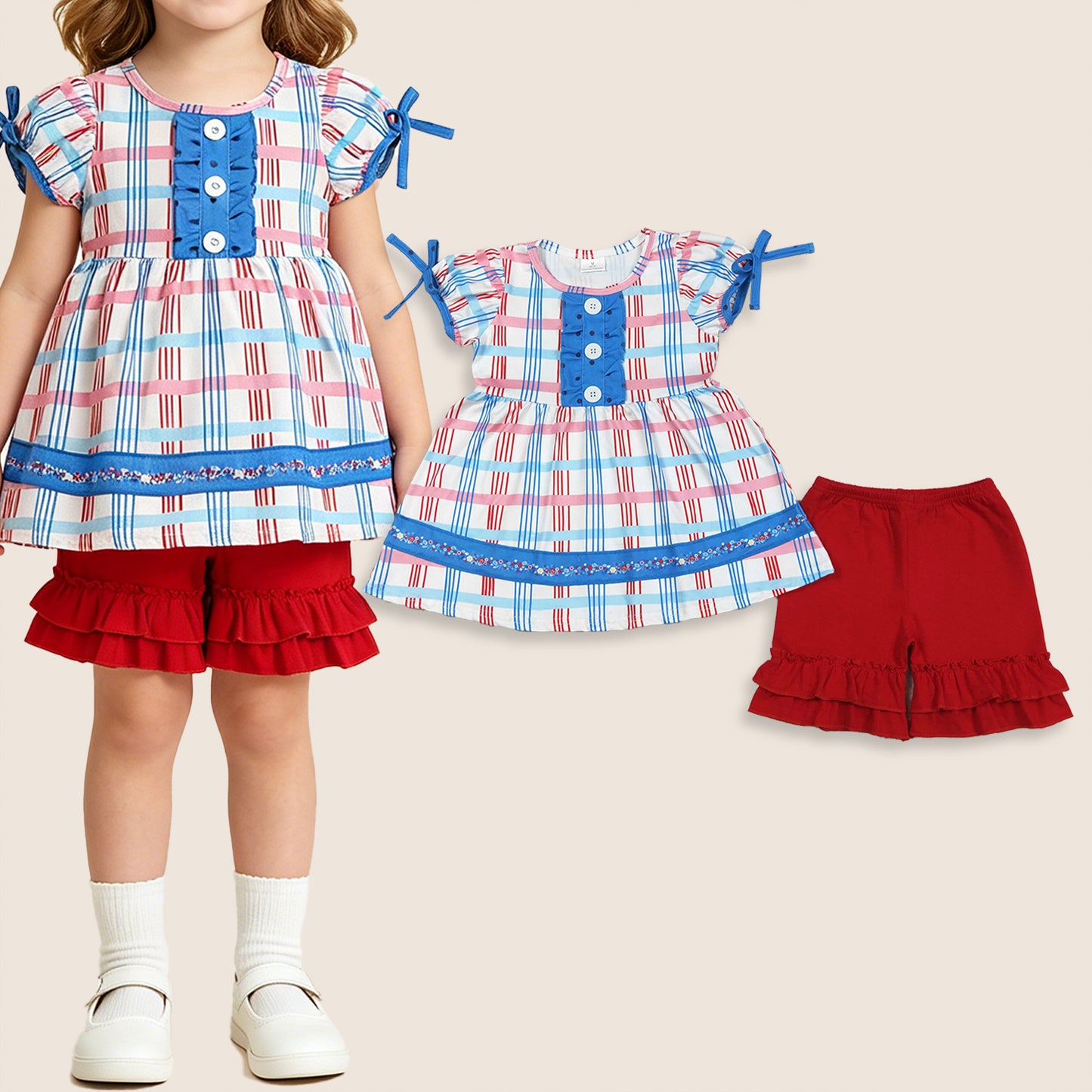 GSSO2815 Baby Girls Short Sleeves Plaid Ruffle Tunic Red Shorts July 4th Clothes Set