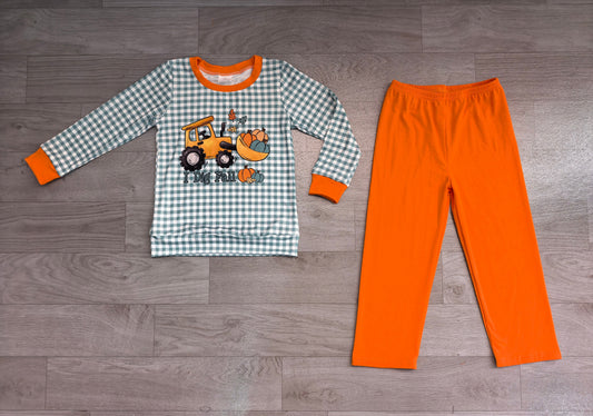 No moq Preorder Baby Boys Kids Long Sleeves Pumpkins Tractor Shirt Orange Pants Set Fall Clothes