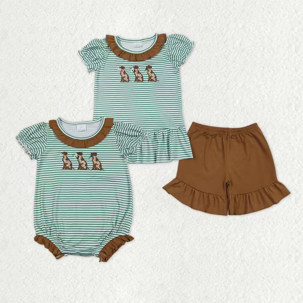 Sibling Baby Girls Kids Short Sleeves Embroidery Dogs Ducks Green Stripes Hunting Romper Set