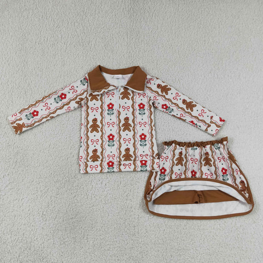 Baby Girls Kids Gingerbread Flower Bows Zipper Shirt Skirt Shorts Christmas Set Clothes