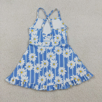 RTS Baby Girls Kids Sleeveless Flower Blue Stripes Yoga Knee Length Yoga Dress