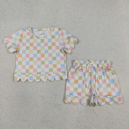 Baby Girls Kids Short Sleeves Colorful Checked Shirt Shorts Summer Set