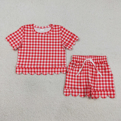 RTS Sibling Baby Girls Kids Short Sleeves Plaid Tops Scallop Shorts Outfits Summer Clothes