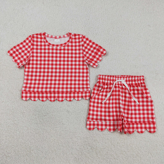 Baby Girls Kids Short Sleeves Plaid Shirt Scallop Shorts Red Clothes Set RTS