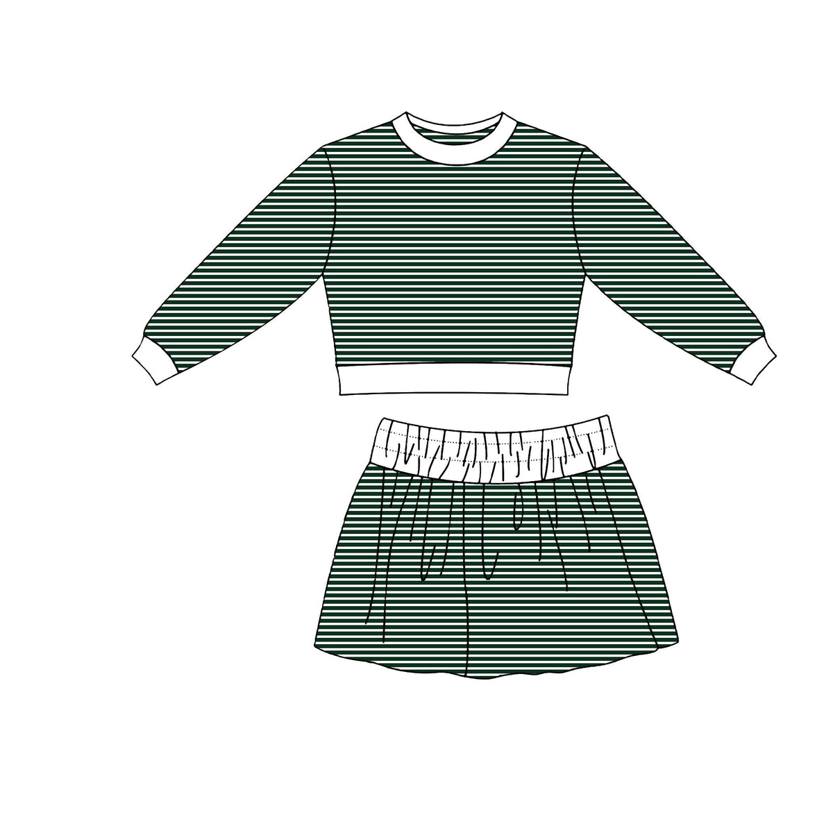 Moq 5 Preorder Baby Girls Kids Long Sleeves Green Stripes Shirt Skirt Shorts Set Yoga Active Clothes