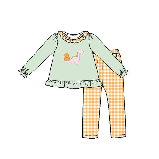 Moq 5 Preorder Baby Girls Kids Long Sleeves Pumpkins Dinosaur Tunic Plaid Pants Thanksgiving Set Clothes