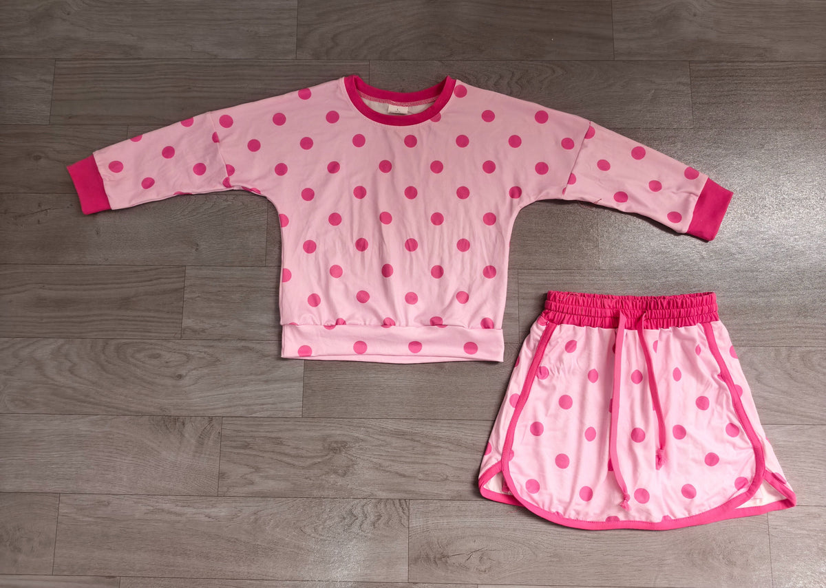 No moq Preorder Baby Girls Kids Long Sleeves Dots Shirt Skirt Shorts Light Pink Set Clothes