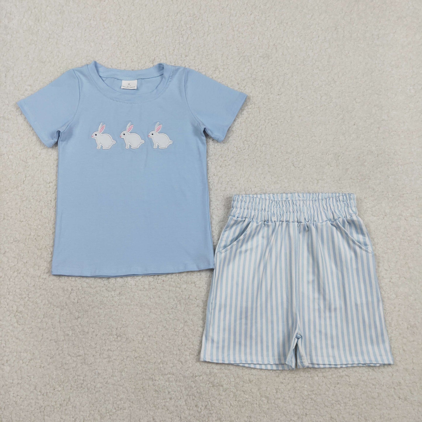 Sibling Baby Boys Kids Embroidery Rabbits Shirt Stripes Pockets Shorts Set Romper Easter Clothes RTS