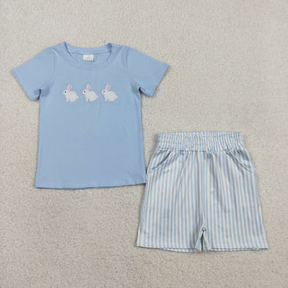 Sibling Baby Boys Kids Embroidery Rabbits Shirt Stripes Pockets Shorts Set Romper Easter Clothes RTS