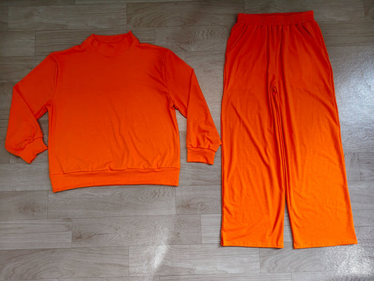 No moq Preorder Adult Women Long Sleeves Orange Shirt Pockets Pants Cotton Set Clothes