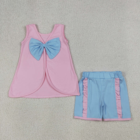 RTS Baby Girls Pink Sleeveless Blue Bows Tops Ruffle Shorts Set Clothes