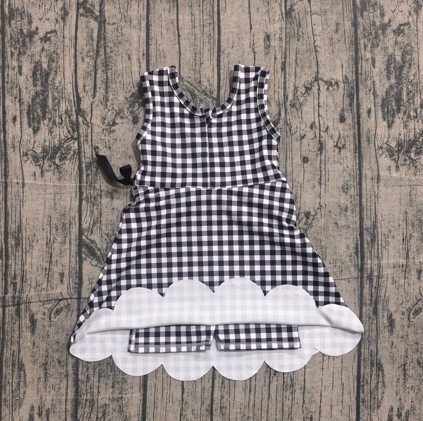 Preorder Baby Girls Kids Sleeveless Black Plaid Scallop Yoga Knee Length Dress