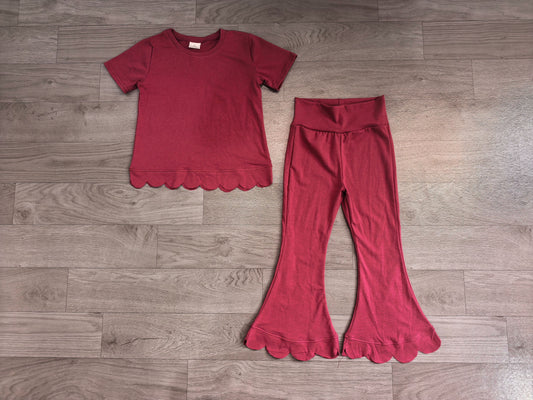 No moq  Preorder Baby Girls Kids Short Sleeves Dark Red Shirt Pants Scallop Set Clothes