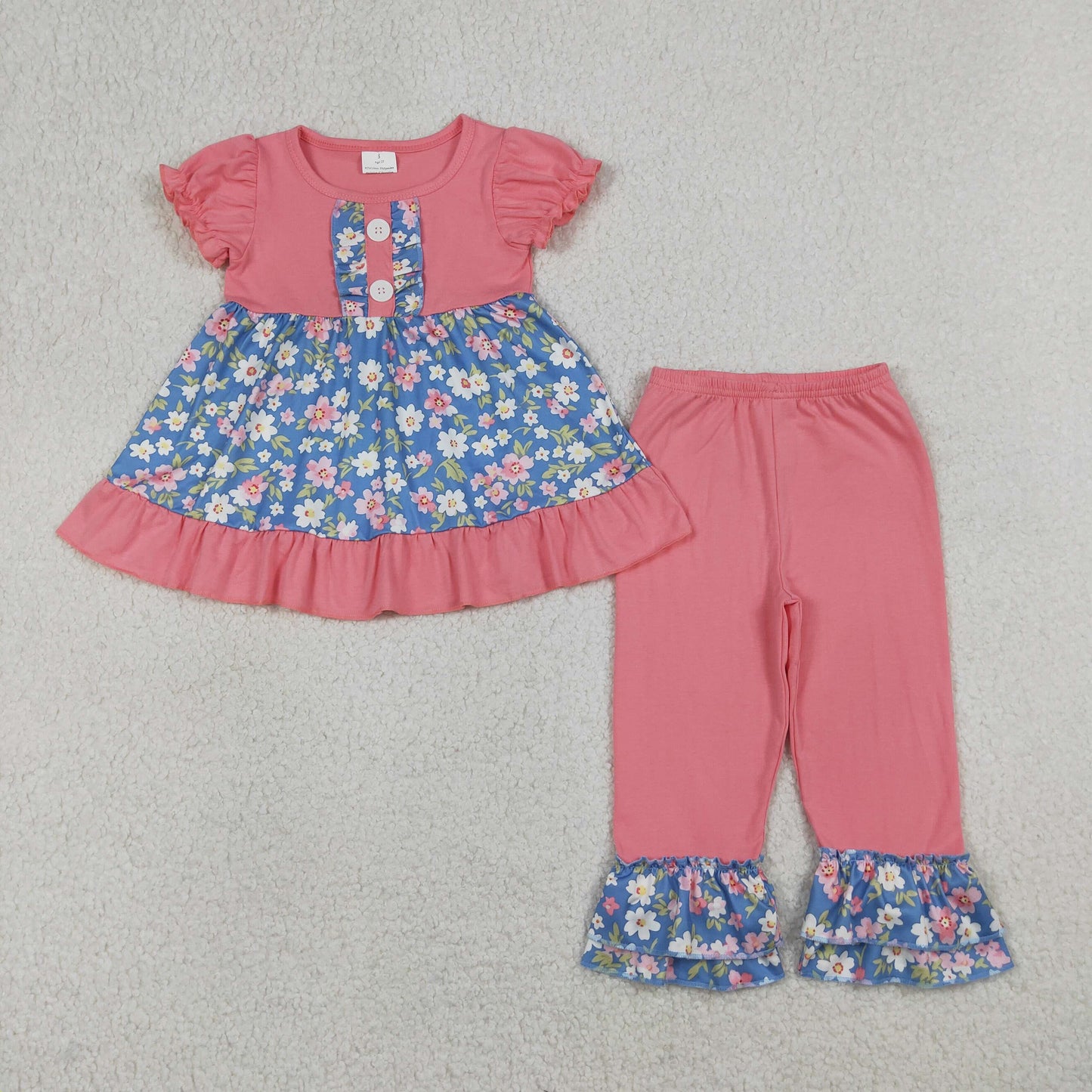 Baby Girls Kids Short Sleeves Flower Tunic Ruffle Pink Pants Clothes Set