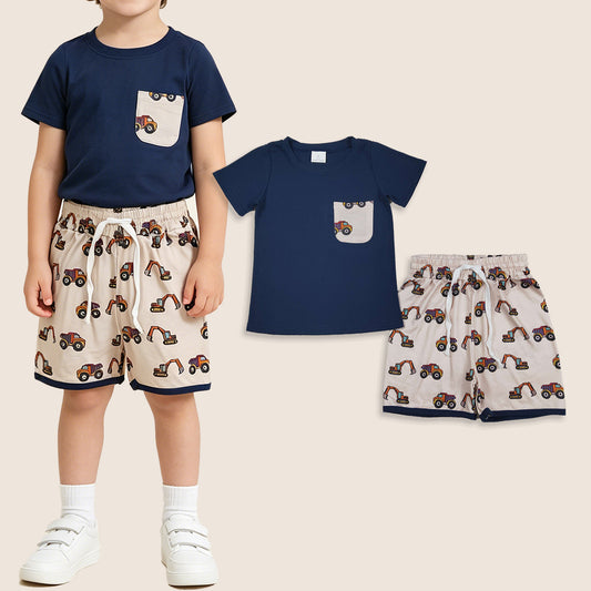 Baby Boy Short Sleeves Pocket Shirt Trucks Digger Shorts Clothes Set