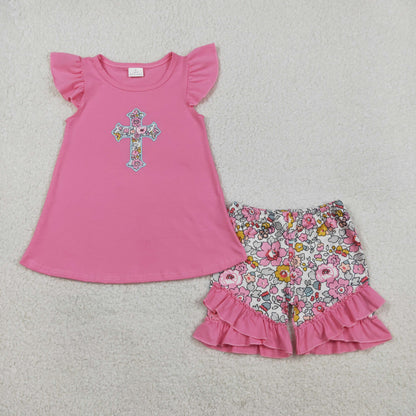 RTS Baby Girls Short Sleeves Embroidery Cross Tops Flower Ruffle Shorts Easter Clothes Set