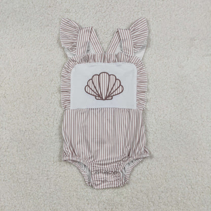 Baby Girls Short Sleeves Embroidery Shell Stripes Bubble Romper