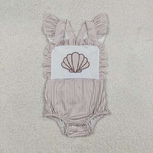 Baby Girls Short Sleeves Embroidery Shell Stripes Bubble Romper