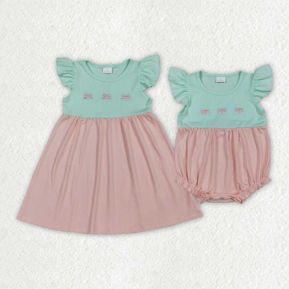 RTS Sibling Baby Girls Kids Short Sleeves Embroidery Bows Romper Dress Cotton Clothes