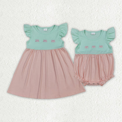 RTS Sibling Baby Girls Kids Short Sleeves Embroidery Bows Romper Dress Cotton Clothes