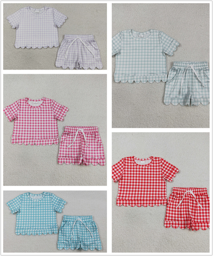 RTS Sibling Baby Girls Kids Short Sleeves Plaid Tops Scallop Shorts Sets Summer Clothes
