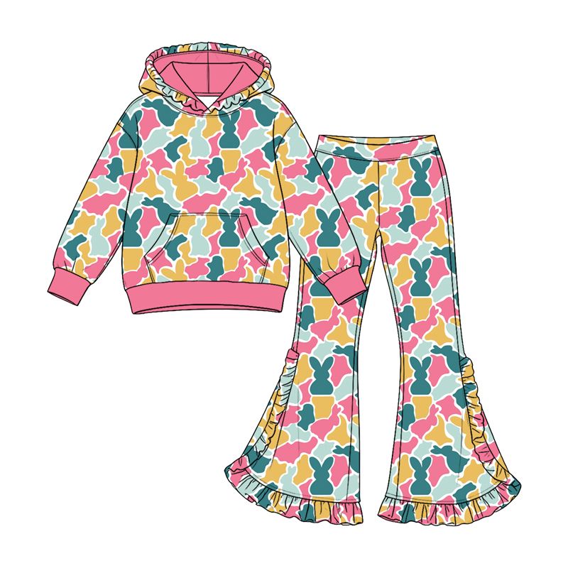 Moq 5 Preorder Baby Girls Kids Rabbits Hoodie Pocket Pullover Camo Pants Set Easter Clothes