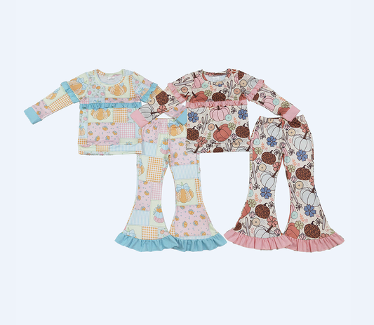 Sibling Baby Girls Kids Thanksgiving Pumpkins Ruffle Tops Bell Pants Sets Fall Clothes
