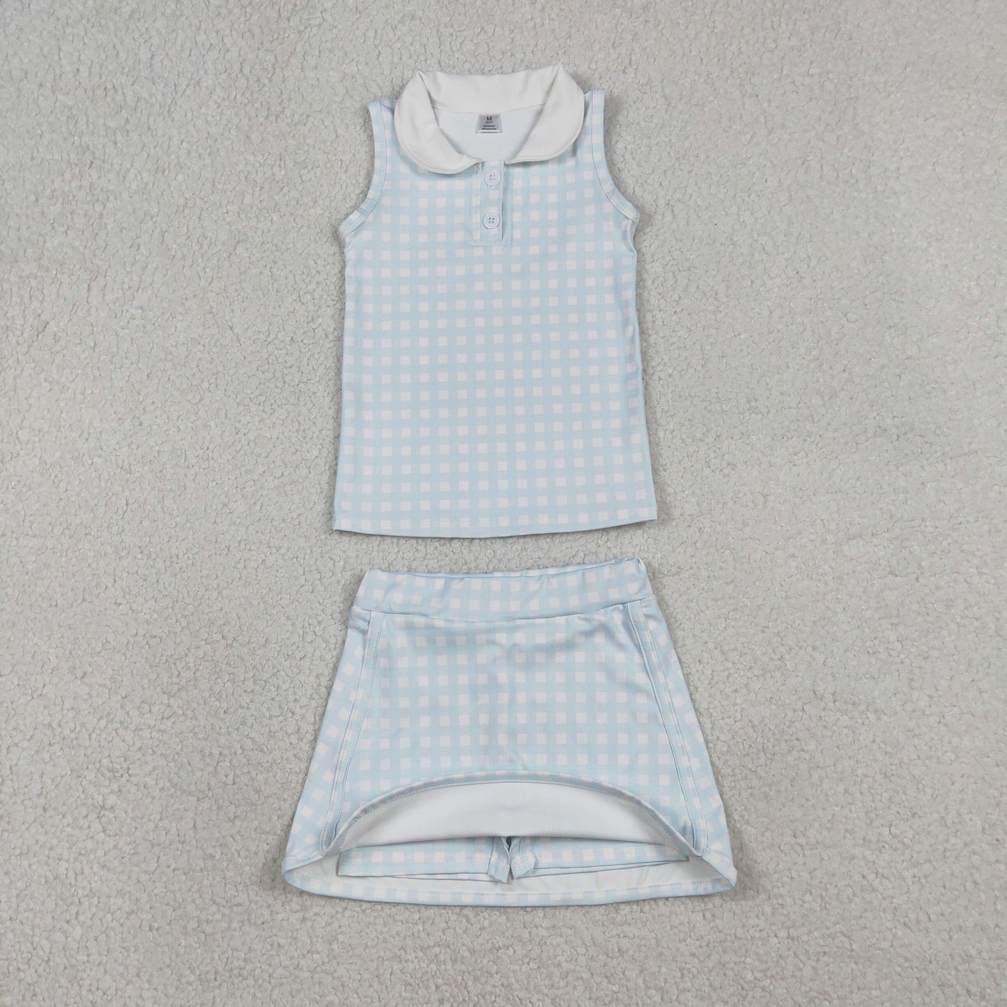 RTS Baby Girls Sleeveless Blue Plaid Buttons Tops Skirt Shorts Yoga Clothes Set