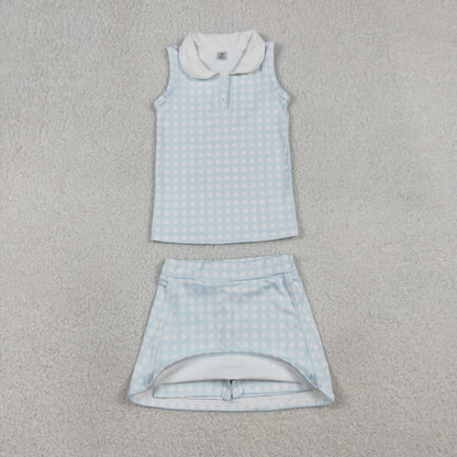 RTS Baby Girls Sleeveless Blue Plaid Buttons Tops Skirt Shorts Yoga Clothes Set
