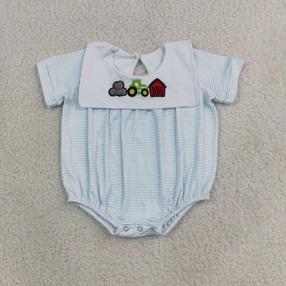 Baby Boys Kids Short Sleeves Embroidery Tractor Farm Blue Stripes Bubble Romper
