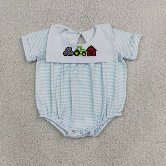 Baby Boys Kids Short Sleeves Embroidery Tractor Farm Blue Stripes Bubble Romper