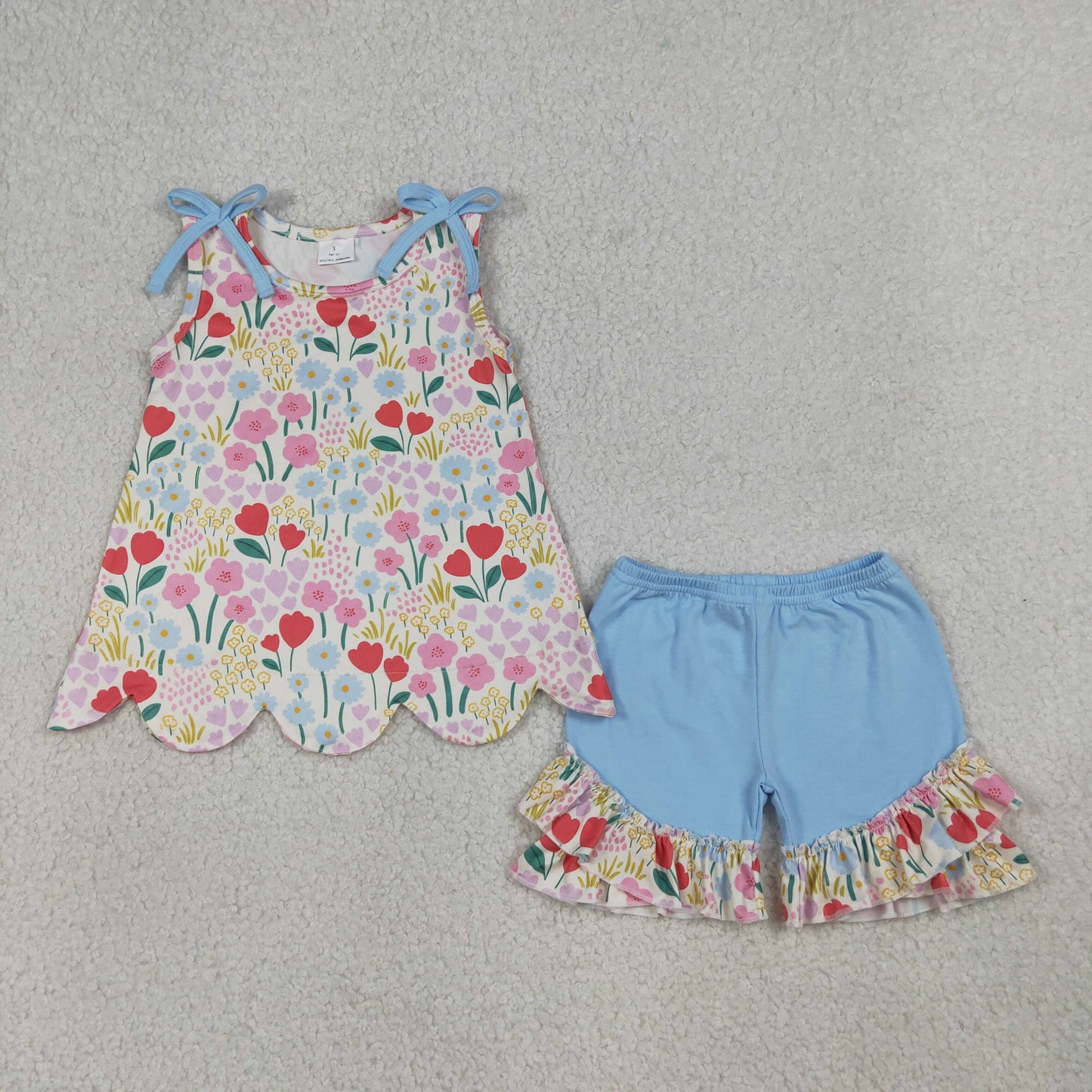 RTS Baby Girls Kids Blue Bows Flower Scallop Tops Ruffle Shorts Summer Set