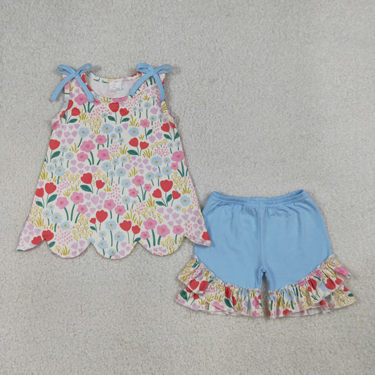 RTS Baby Girls Kids Blue Bows Flower Scallop Tops Ruffle Shorts Summer Set