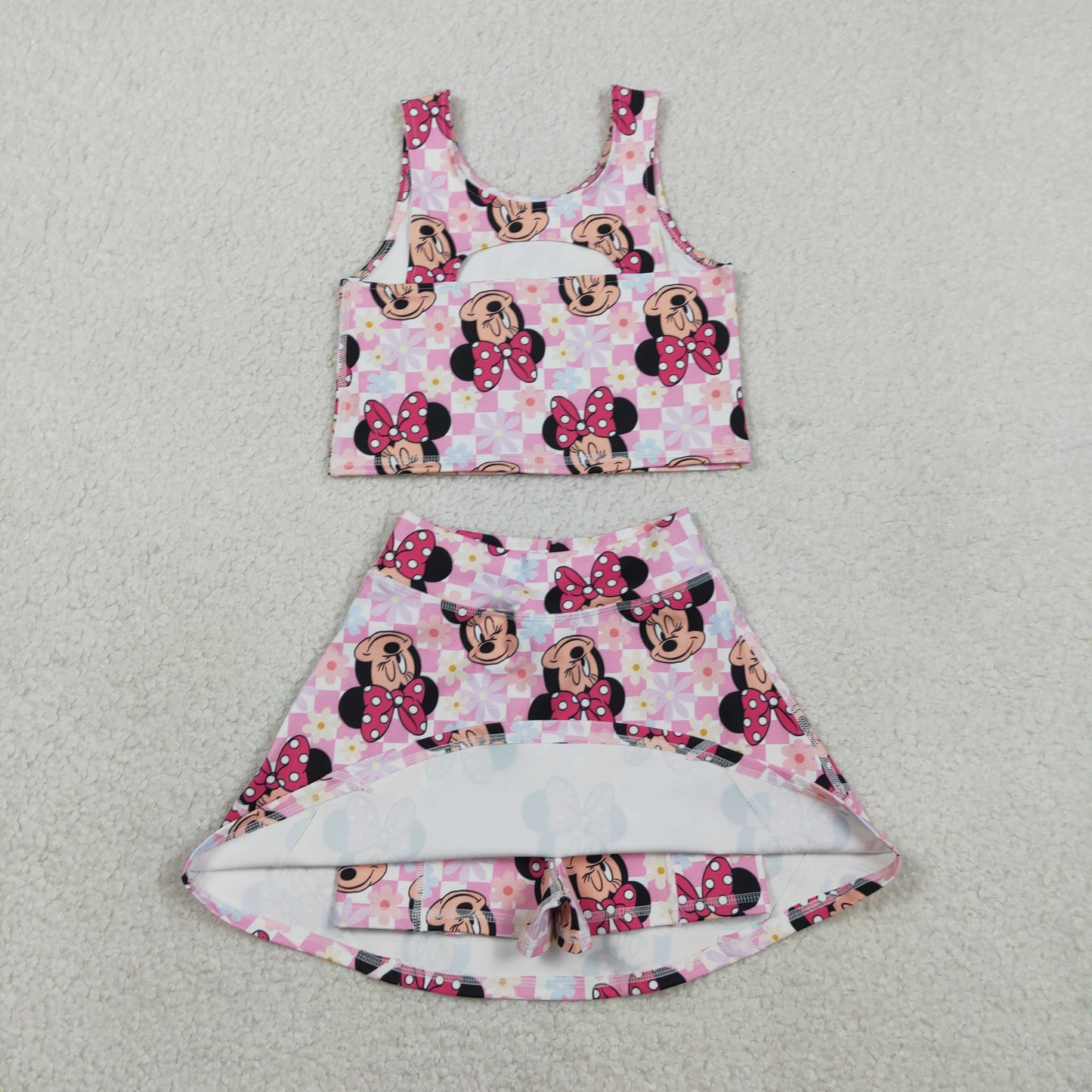 RTS Baby Girls Kids Sleeveless Flower Cartoon Tops Shorts Skirt Yoga Active Set