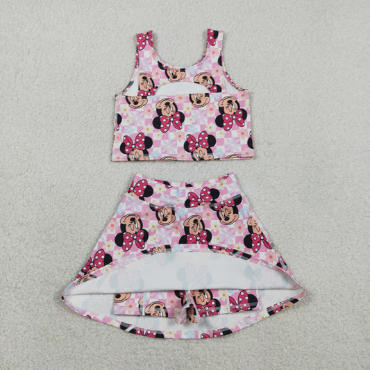RTS Baby Girls Kids Sleeveless Flower Cartoon Tops Shorts Skirt Yoga Active Set