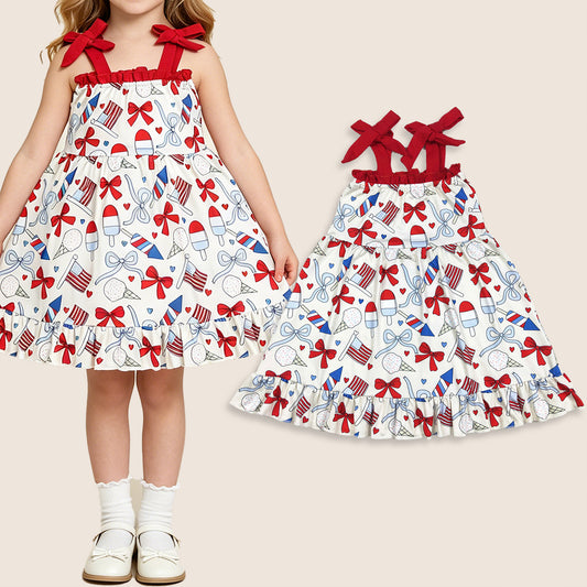 Baby Girls Kids Sleeveless Purple Bows Flags 4th of July Knee Length Dress