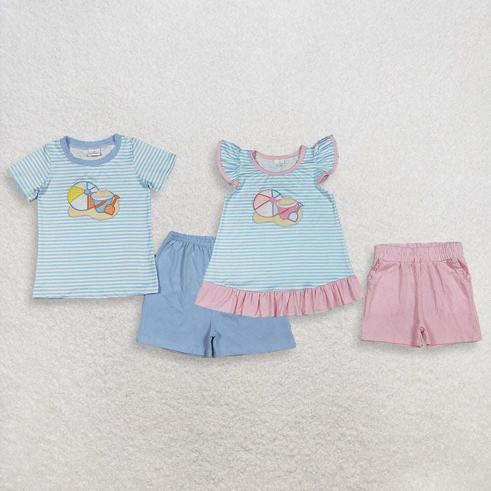 RTS Sibling Baby Boys Girls Short Sleeves Embroidery Ball Beach Stripes Tops Shorts Clothes Sets