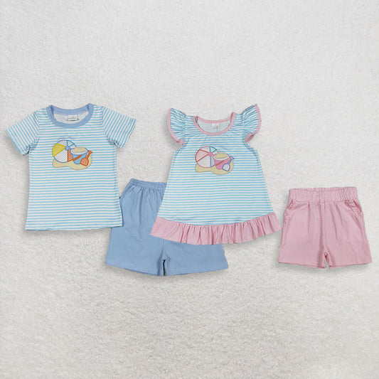 RTS Sibling Baby Boys Girls Short Sleeves Embroidery Ball Beach Stripes Tops Shorts Clothes Sets
