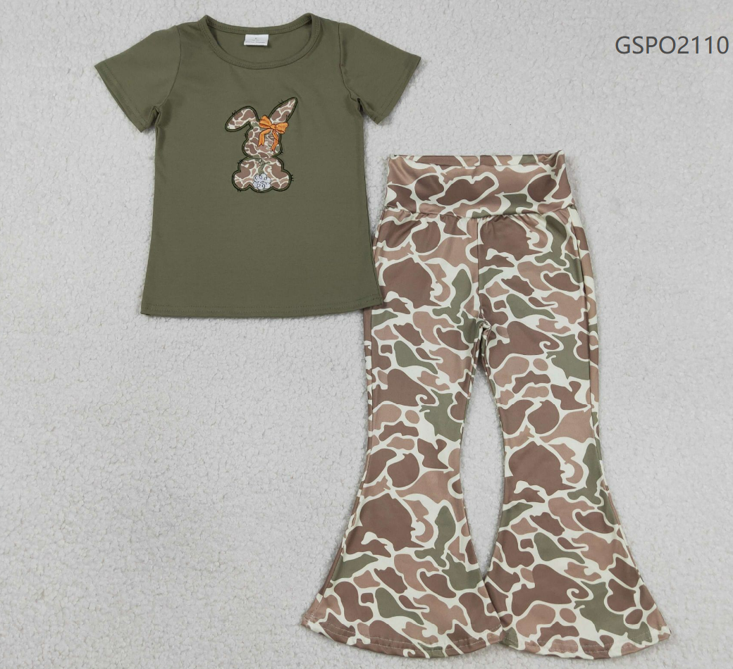 Baby Girls Kids Embroidery Bow Rabbit Green Shirt Camo Bell Pants Easter Set RTS