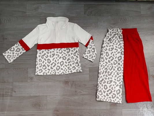 No moq Preorder Baby Girls Kids Long Sleeves Zipper Pullover Leopard Red Pants Set Clothes