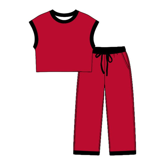 Moq 5 Preorder Baby Girls Kids Sleeveless Black Trim Red Shirt Pockets Pants Cotton Set Clothes