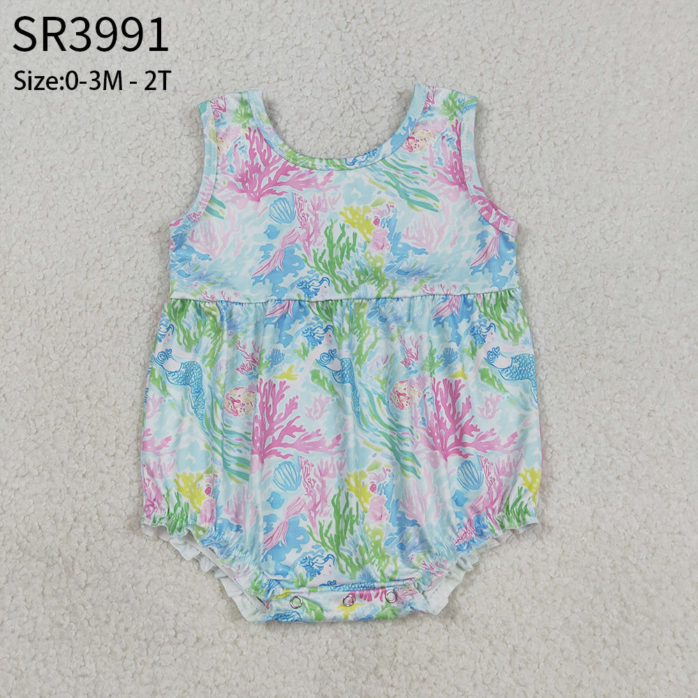 Baby Girls Infant Sleeveless Sea Flower Bubble Romper RTS