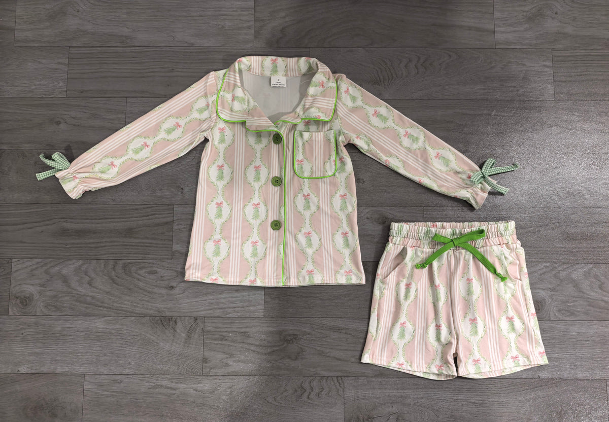 No moq Preorder Baby Girls Kids Christmas Tree Bows Buttons Shirt Pockets Shorts Pajamas Set Clothes