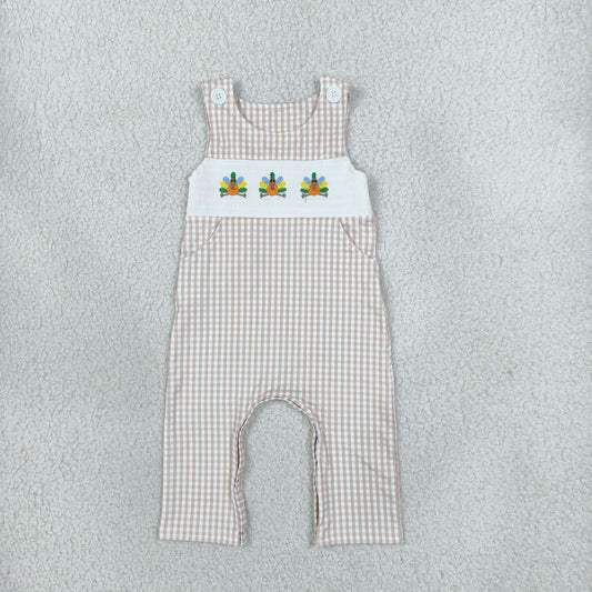 Baby Boy Infant Embroidery turkey Plaid Pockets Thanksgiving Fall Romper