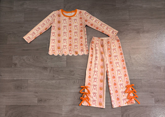 No moq  Preorder Baby Girls Kids Pumpkins Scallop Shirt Bows Pants Set Fall Clothes