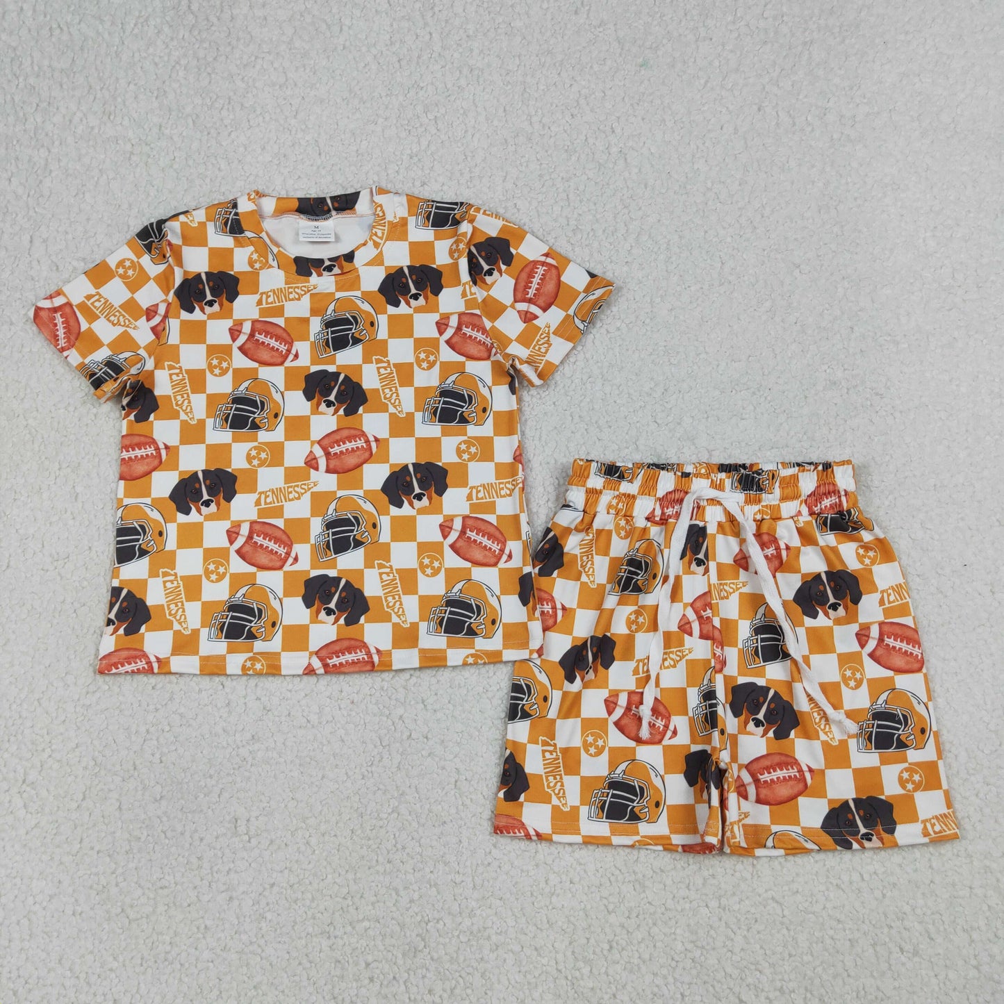 RTS Baby Girls Kids Short Sleeves Dogs Football Orange Checked Shirt Shorts Team Clothes